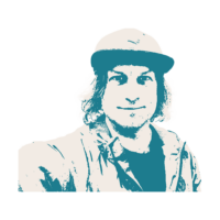 A man with medium-length hair and a baseball cap looks friendly into the camera. The background is dark red, while his upper body is petrol green. The portrait is illustrated in a stencil style and depicted in high-contrast colors, which gives the picture an artistic look.